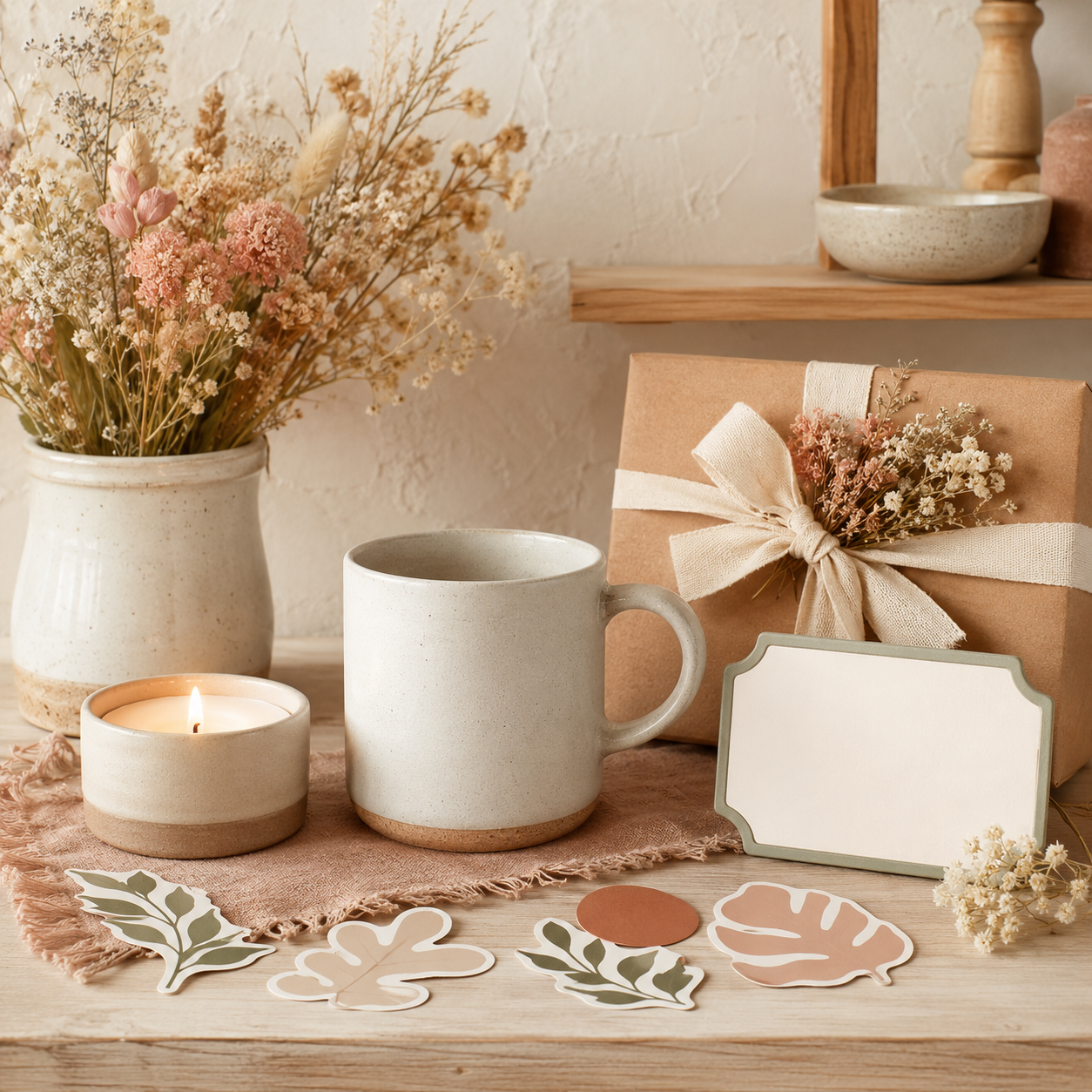 Cadeaux, bougie et décoration personnalisables dans des tons naturels